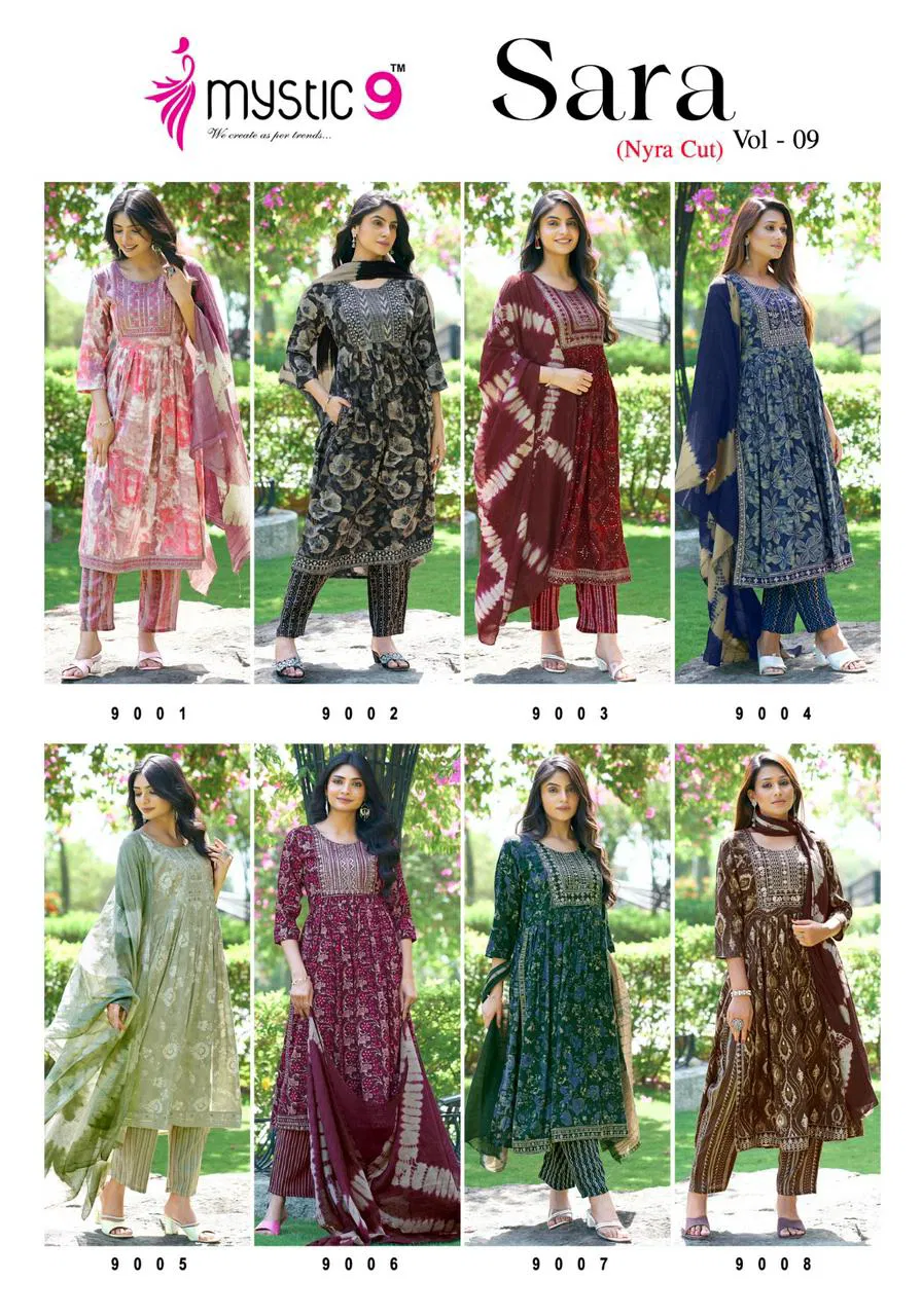 Sara Vol 9 By Mystic 9 Rayon Foil Printed Kurti With Bottom Dupatta Wholesale Market In Surat
